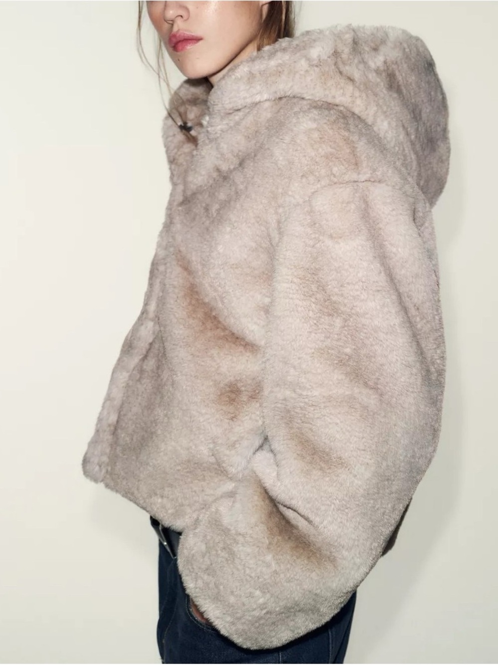 Zara Plush Hooded Teddy Jacket in Light Taupe